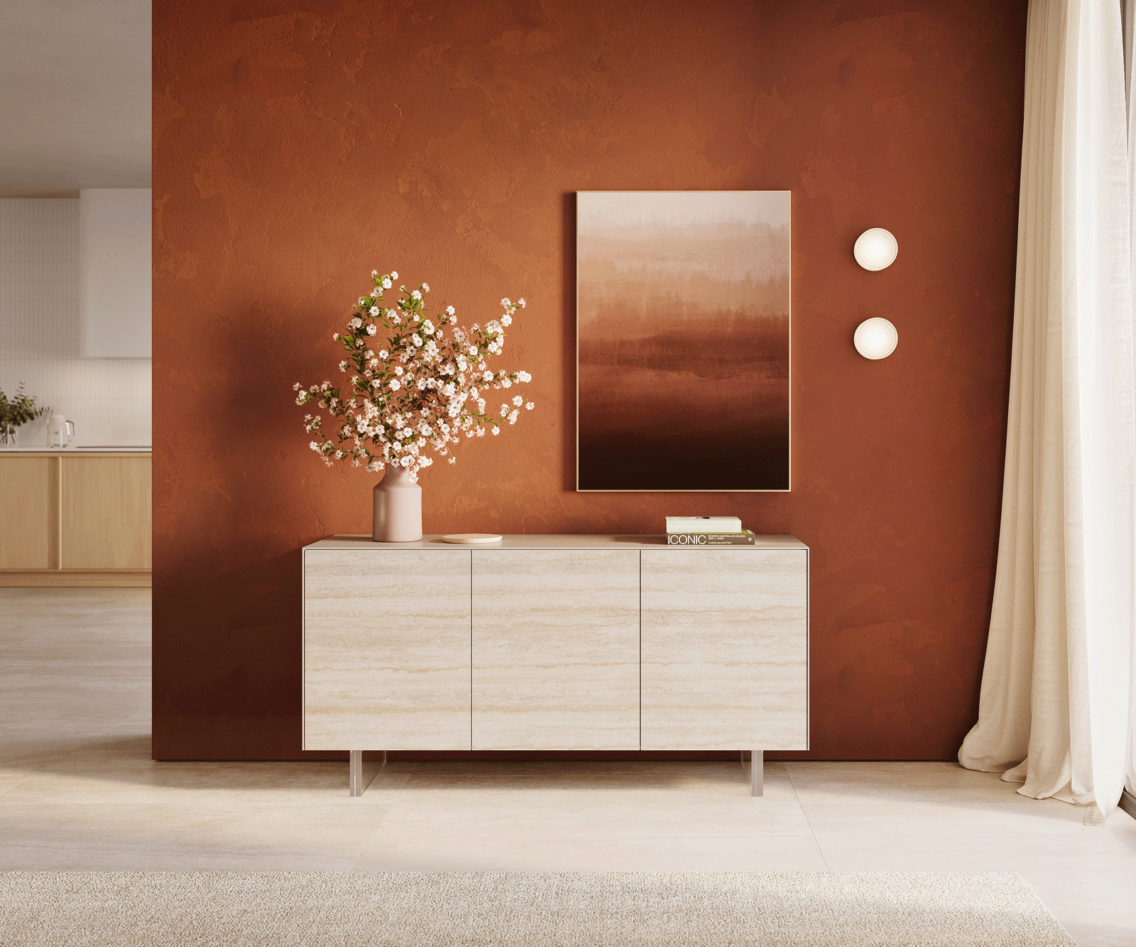 Komoda Cuor 150 cm keramika Laminam® Travertino Bianco krémovo biela 3 dvierka podstava závesná akrylové sklo - Image 2