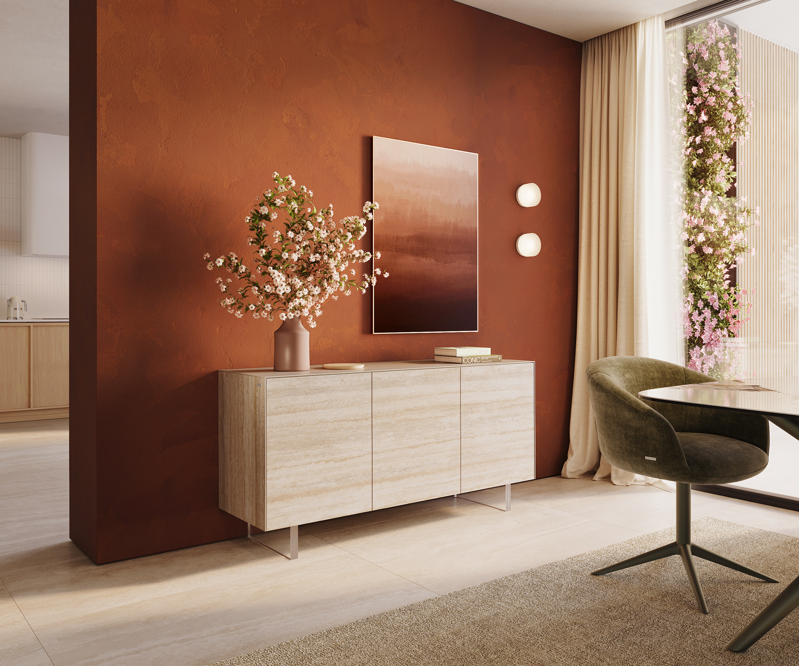 Komoda Cuor 150 cm keramika Laminam® Travertino Bianco krémovo biela 3 dvierka podstava závesná akrylové sklo