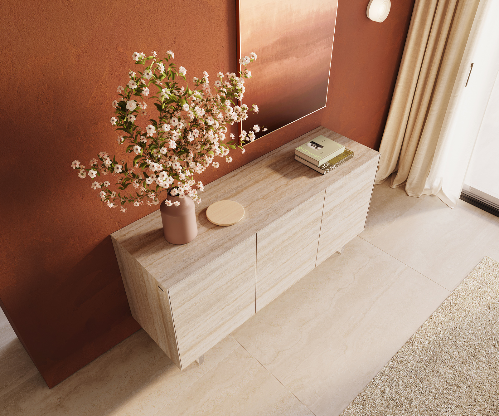 Komoda Cuor 150 cm keramika Laminam® Travertino Bianco krémovo biela 3 dvierka podstava závesná akrylové sklo - Image 4