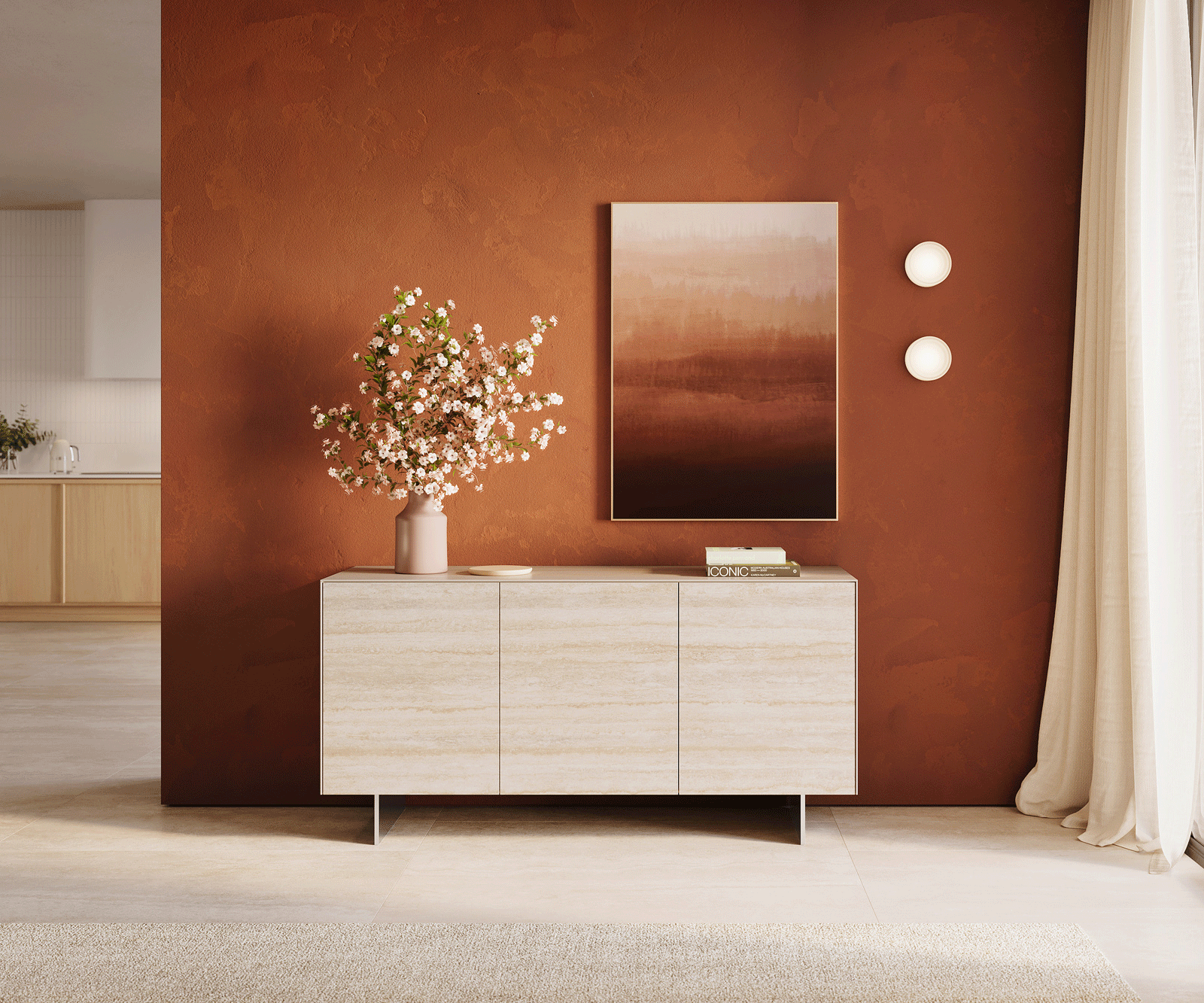 Komoda Cuor 150 cm keramika Laminam® Travertino Bianco krémovo biela 3 dvierka podstava závesná nerezová oceľ - Image 2