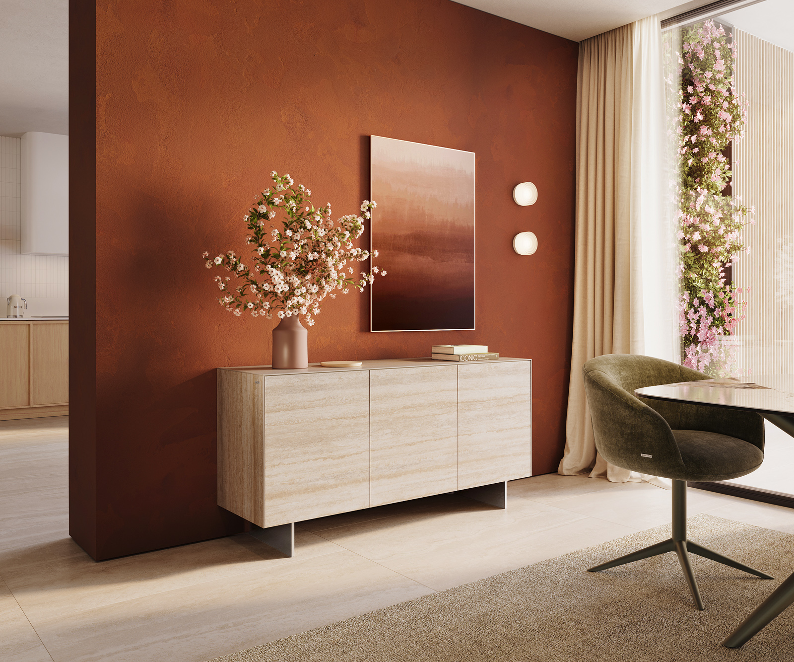 Komoda Cuor 150 cm keramika Laminam® Travertino Bianco krémovo biela 3 dvierka podstava závesná nerezová oceľ