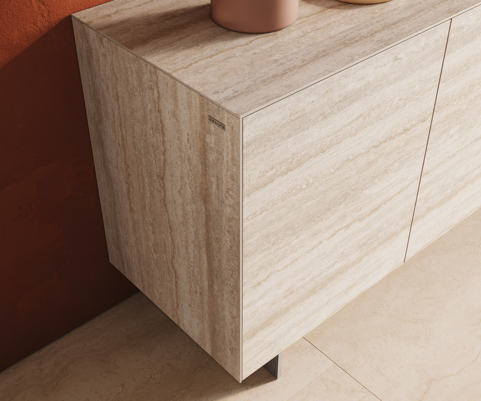 Komoda Cuor 150 cm keramika Laminam® Travertino Bianco krémovo biela 3 dvierka podstava závesná nerezová oceľ - Image 6