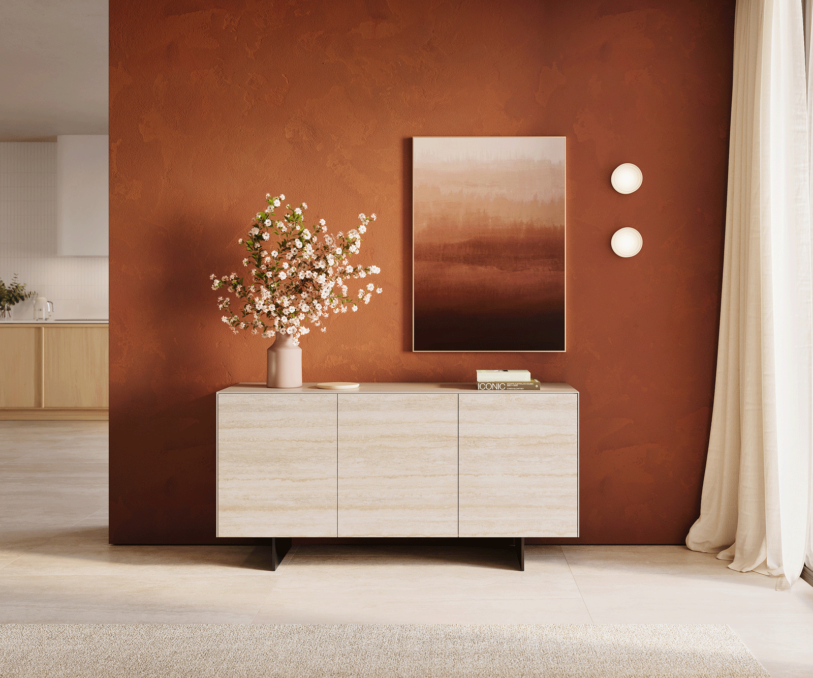 Komoda Cuor 150 cm keramika Laminam® Travertino Bianco krémovo biela 3 dvierka podstava závesná kov čierna - Image 2