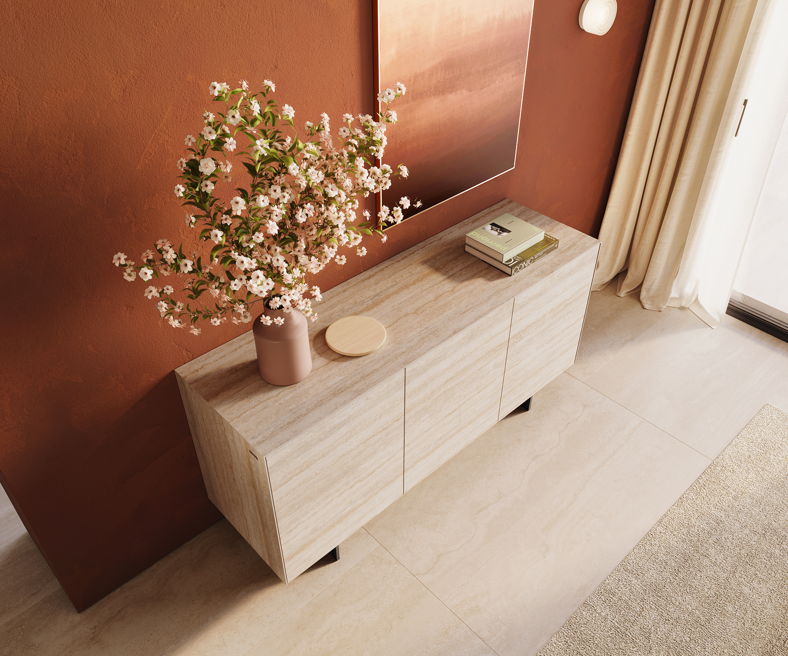 Komoda Cuor 150 cm keramika Laminam® Travertino Bianco krémovo biela 3 dvierka podstava závesná kov čierna - Image 4