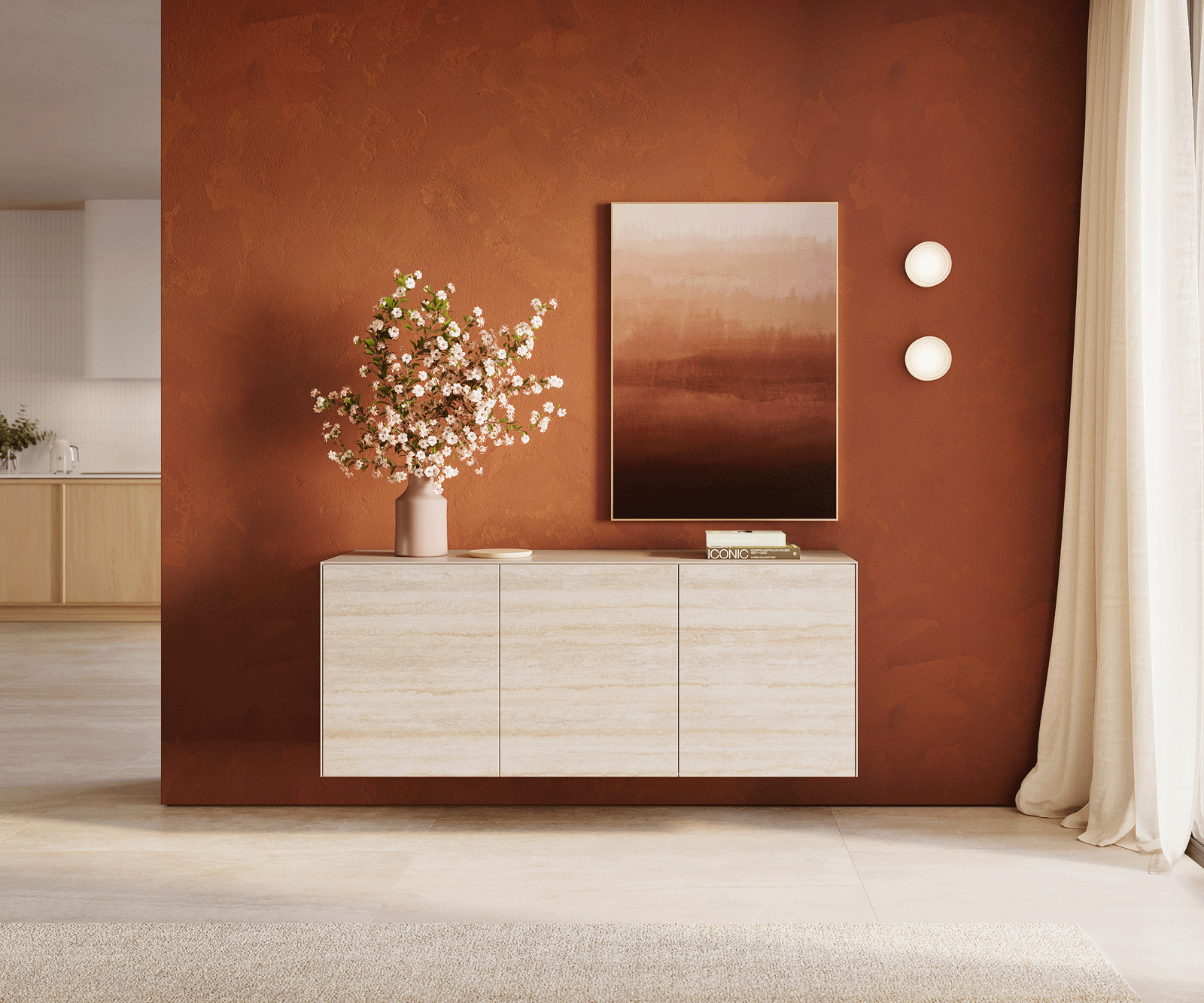 Komoda Cuor 150 cm keramika Laminam® Travertino Bianco krémovo biela 3 dvierka závesná - Image 2