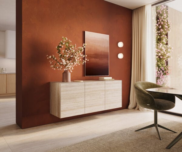 Komoda Cuor 150 cm keramika Laminam® Travertino Bianco krémovo biela 3 dvierka závesná