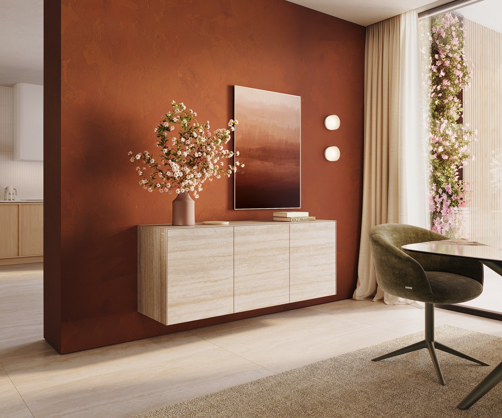 Komoda Cuor 150 cm keramika Laminam® Travertino Bianco krémovo biela 3 dvierka závesná