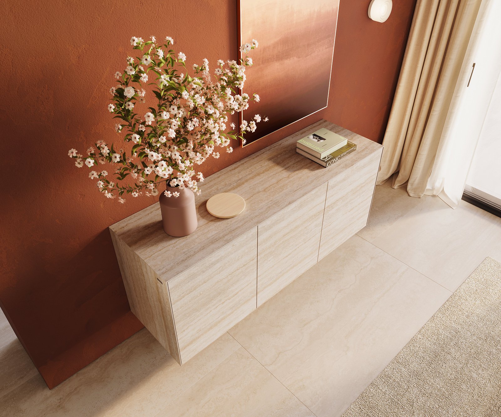 Komoda Cuor 150 cm keramika Laminam® Travertino Bianco krémovo biela 3 dvierka závesná - Image 4