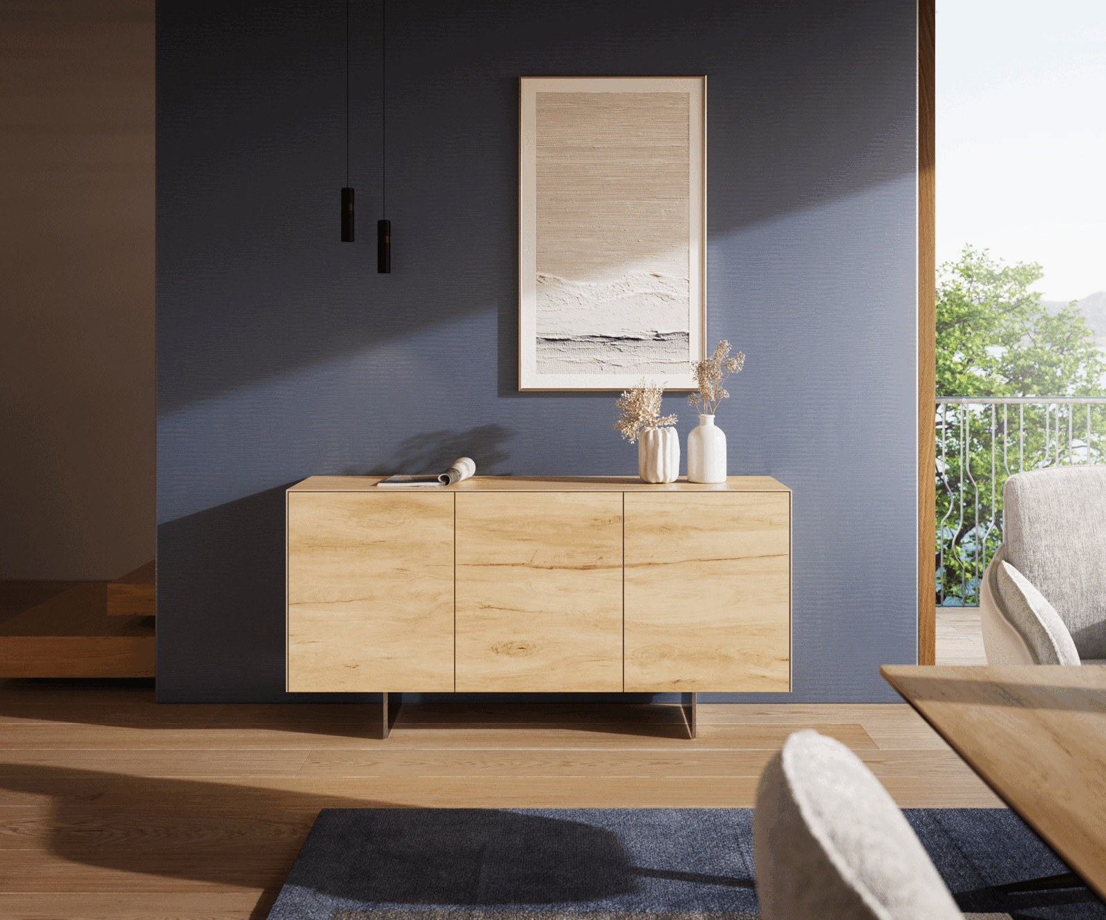 Komoda Cuor 150 cm keramika Laminam® sabbia dubová farba 3 dvierka podstava závesná nerezová oceľ - Image 2