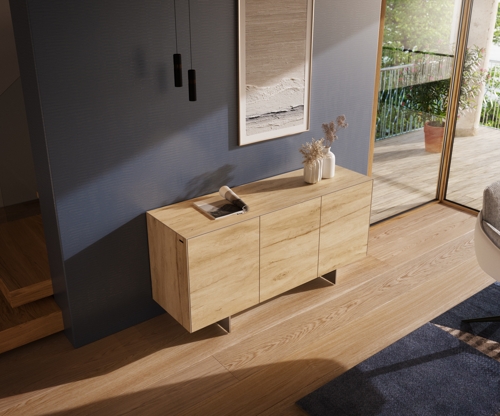 Komoda Cuor 150 cm keramika Laminam® sabbia dubová farba 3 dvierka podstava závesná nerezová oceľ - Image 4