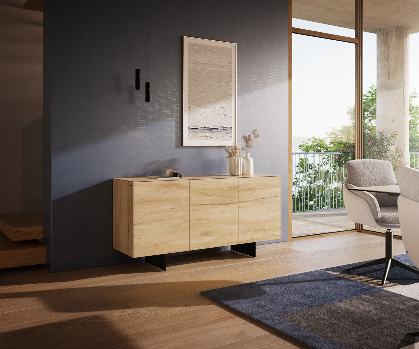 Komoda Cuor 150 cm keramika Laminam® sabbia dubová farba 3 dvierka závesná podstava kov čierna