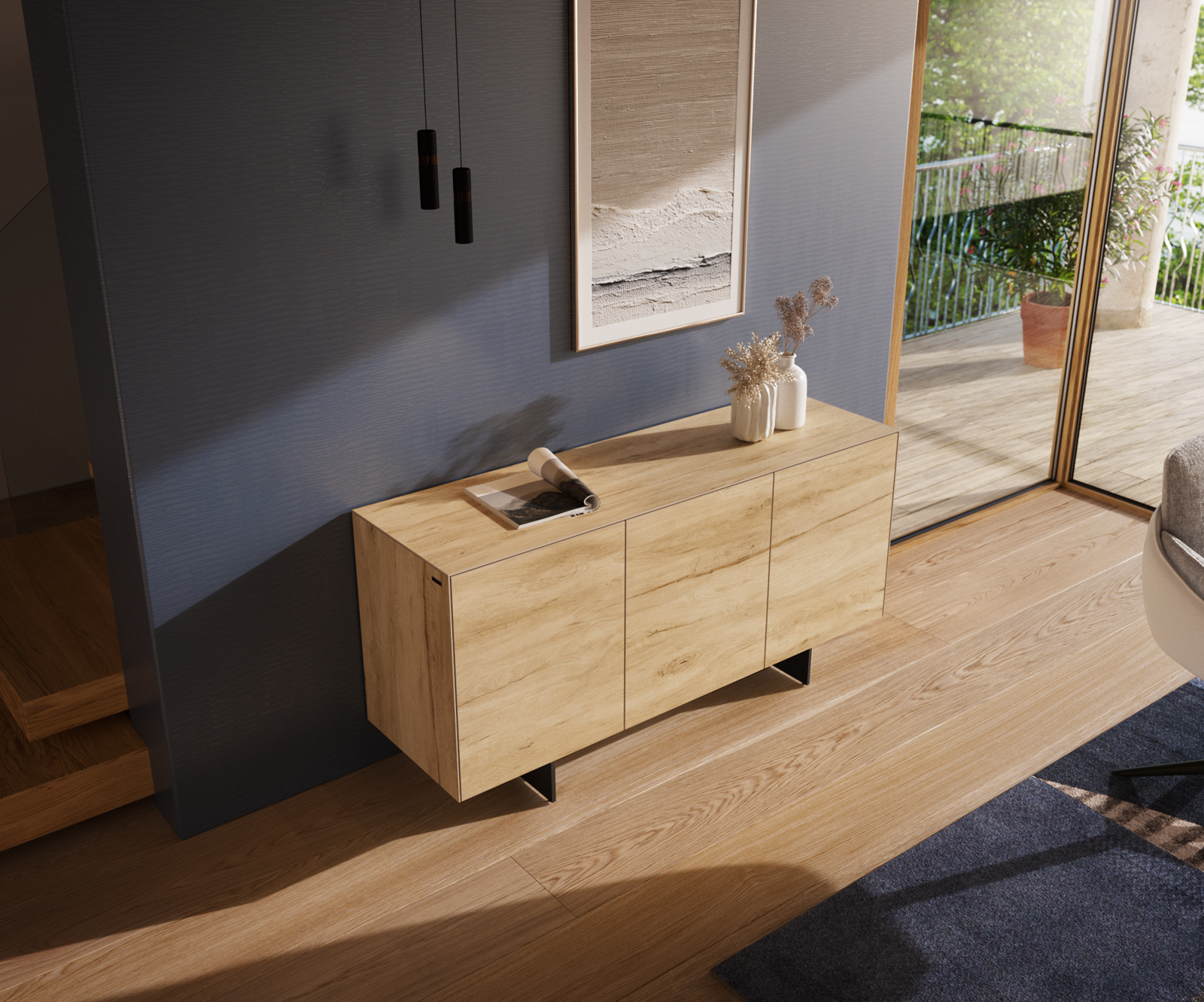 Komoda Cuor 150 cm keramika Laminam® sabbia dubová farba 3 dvierka závesná podstava kov čierna - Image 4