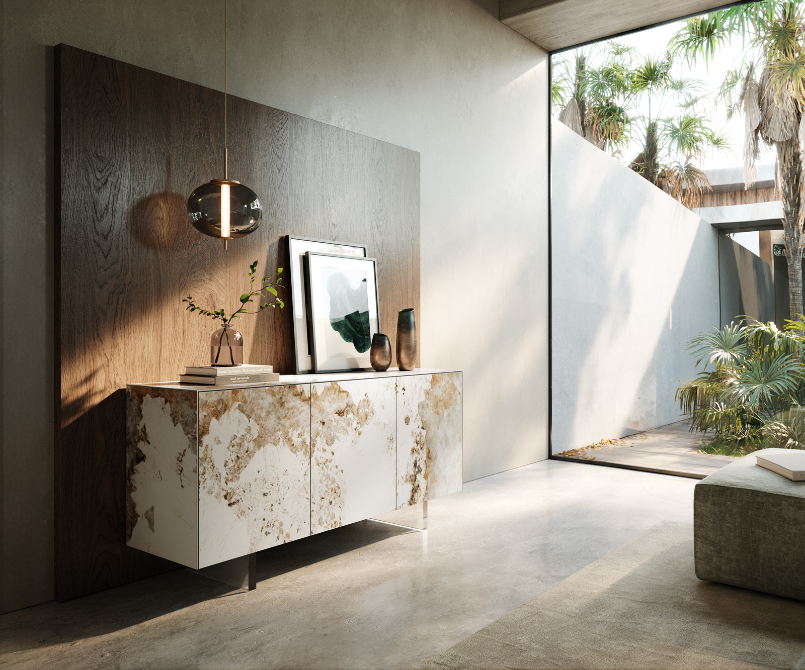 Komoda Cuor 150 cm keramika Minas Melange bielo-béžová 3 dvierka podstava závesná akrylové sklo