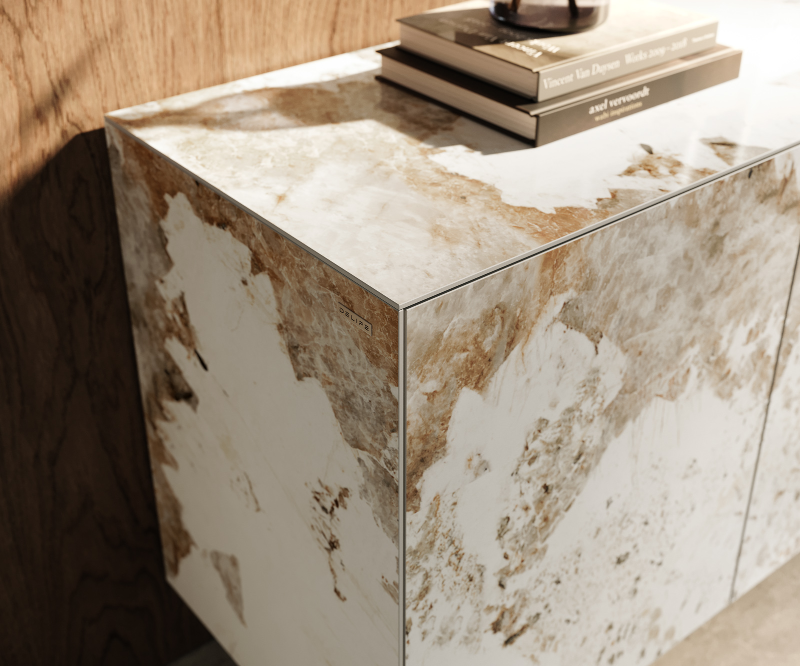 Komoda Cuor 150 cm keramika Minas Melange bielo-béžová 3 dvierka podstava závesná akrylové sklo - Image 6