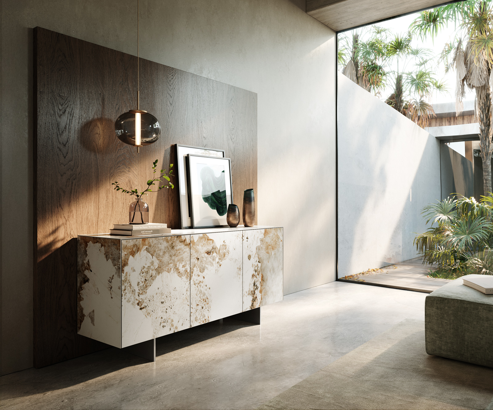 Komoda Cuor 150 cm keramika Minas Melange bielo-béžová 3 dvierka podstava závesná nerezová oceľ