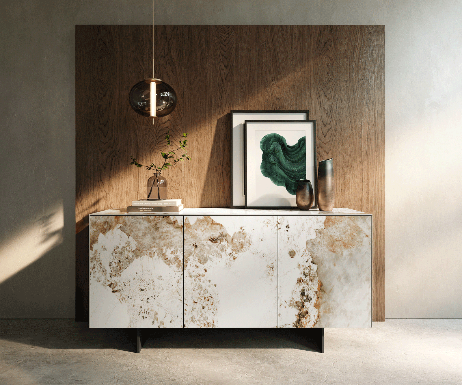 Komoda Cuor 150 cm keramika Minas Melange bielo-béžová 3 dvierka závesná podstava kov čierna - Image 2