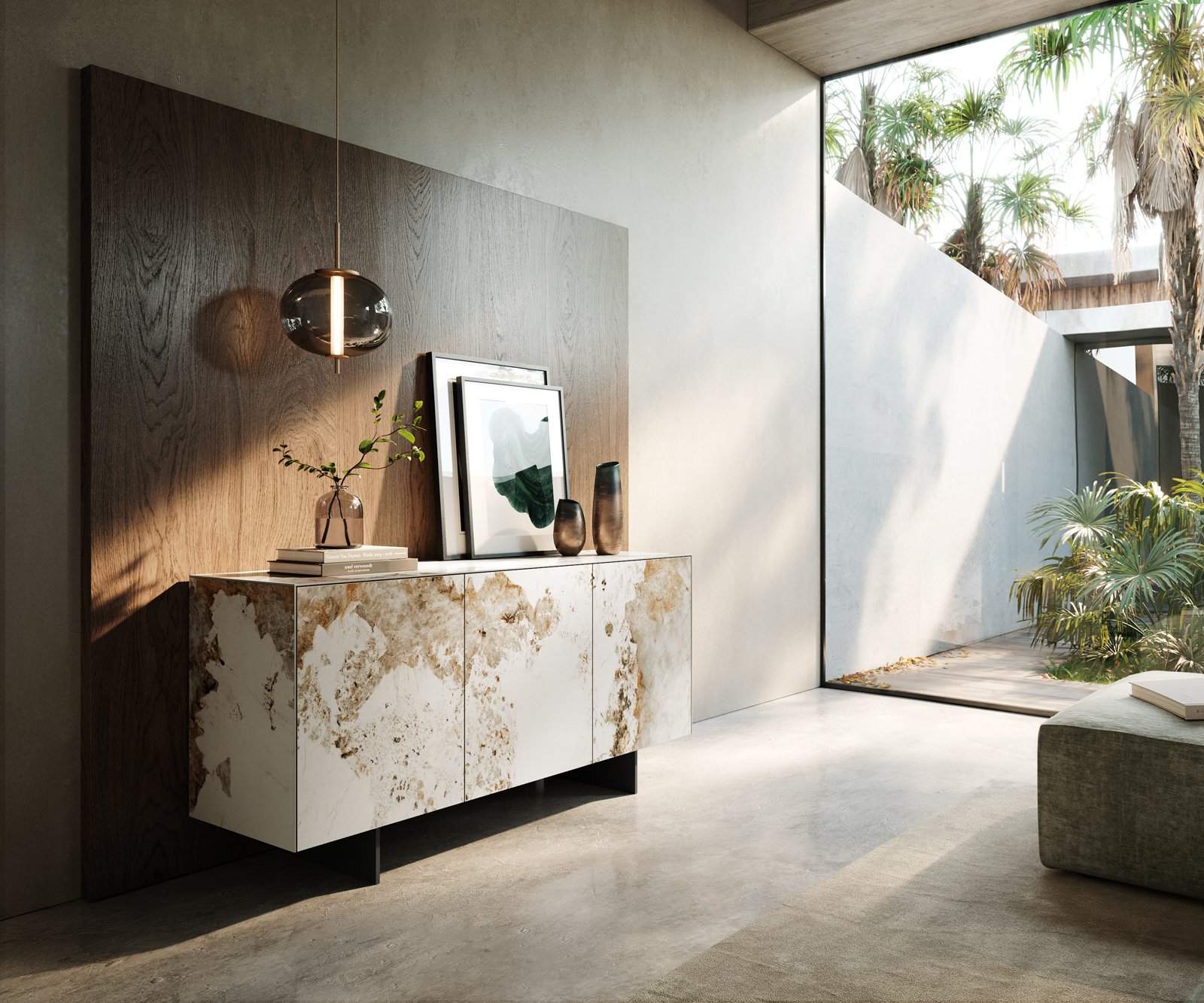 Komoda Cuor 150 cm keramika Minas Melange bielo-béžová 3 dvierka závesná podstava kov čierna