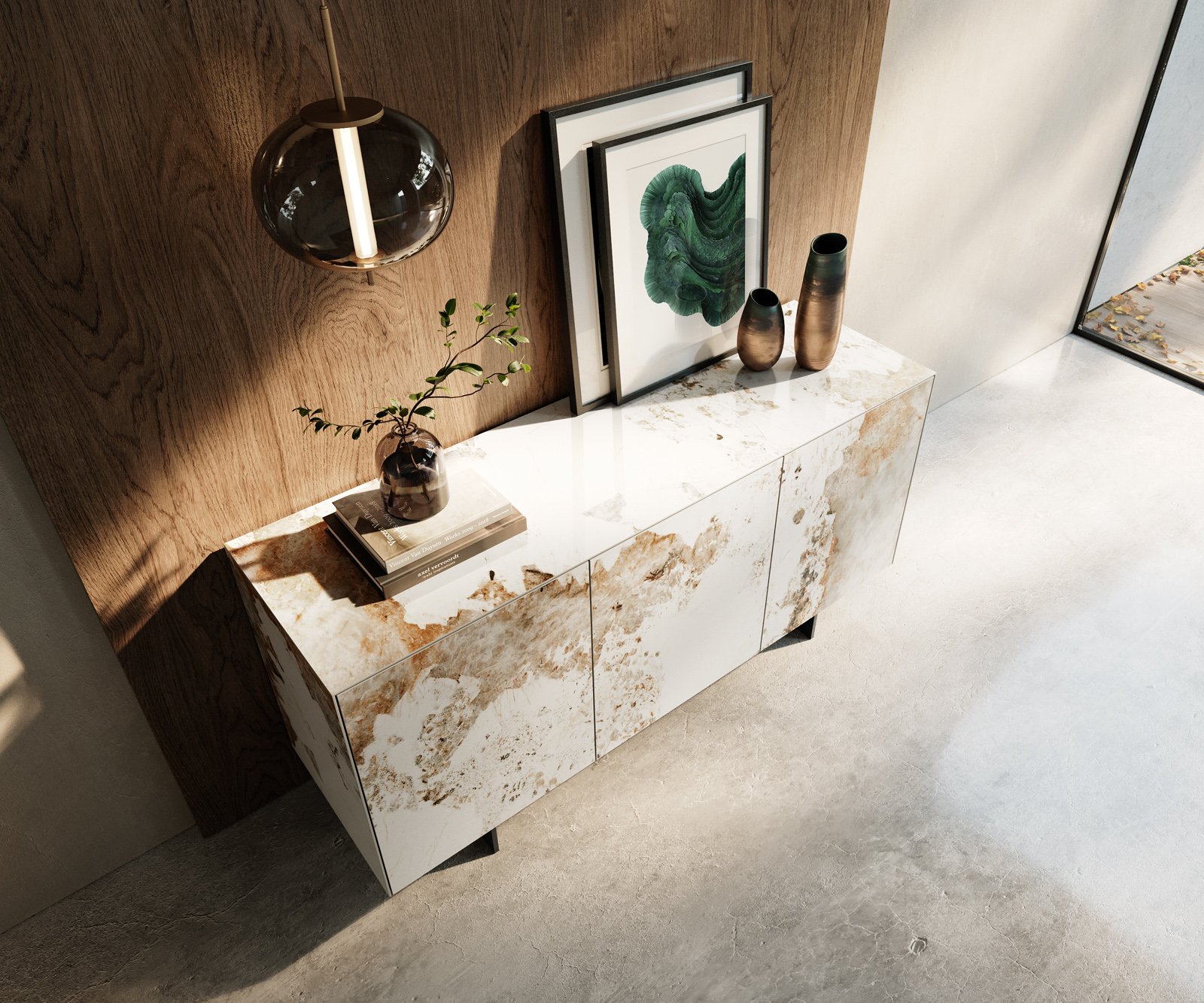 Komoda Cuor 150 cm keramika Minas Melange bielo-béžová 3 dvierka závesná podstava kov čierna - Image 4