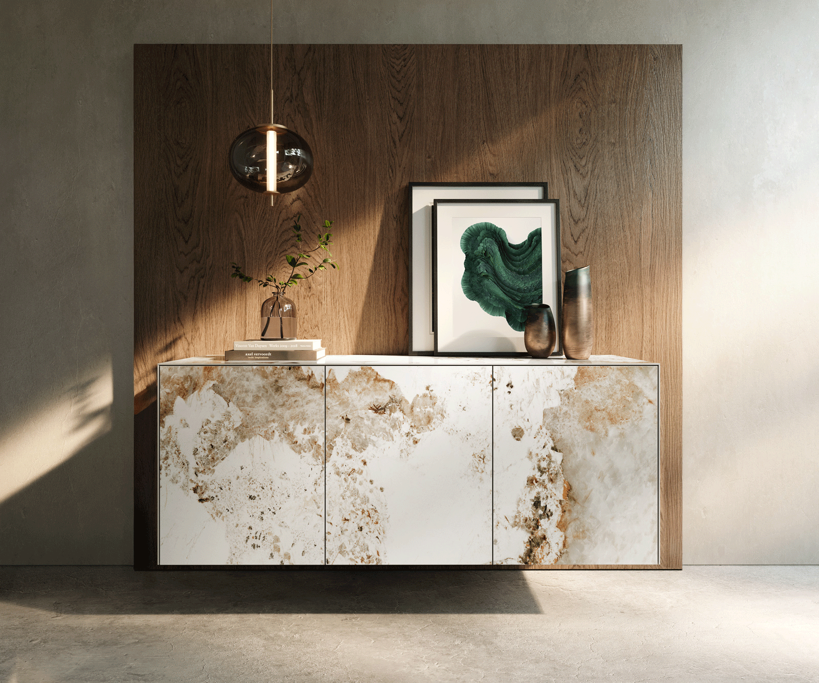 Komoda Cuor 150 cm keramika Minas Melange bielo-béžová 3 dvierka závesná - Image 2