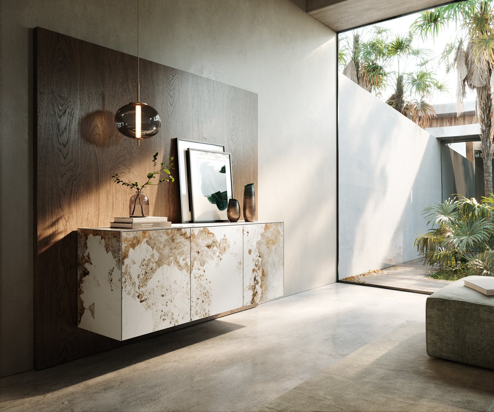 Komoda Cuor 150 cm keramika Minas Melange bielo-béžová 3 dvierka závesná