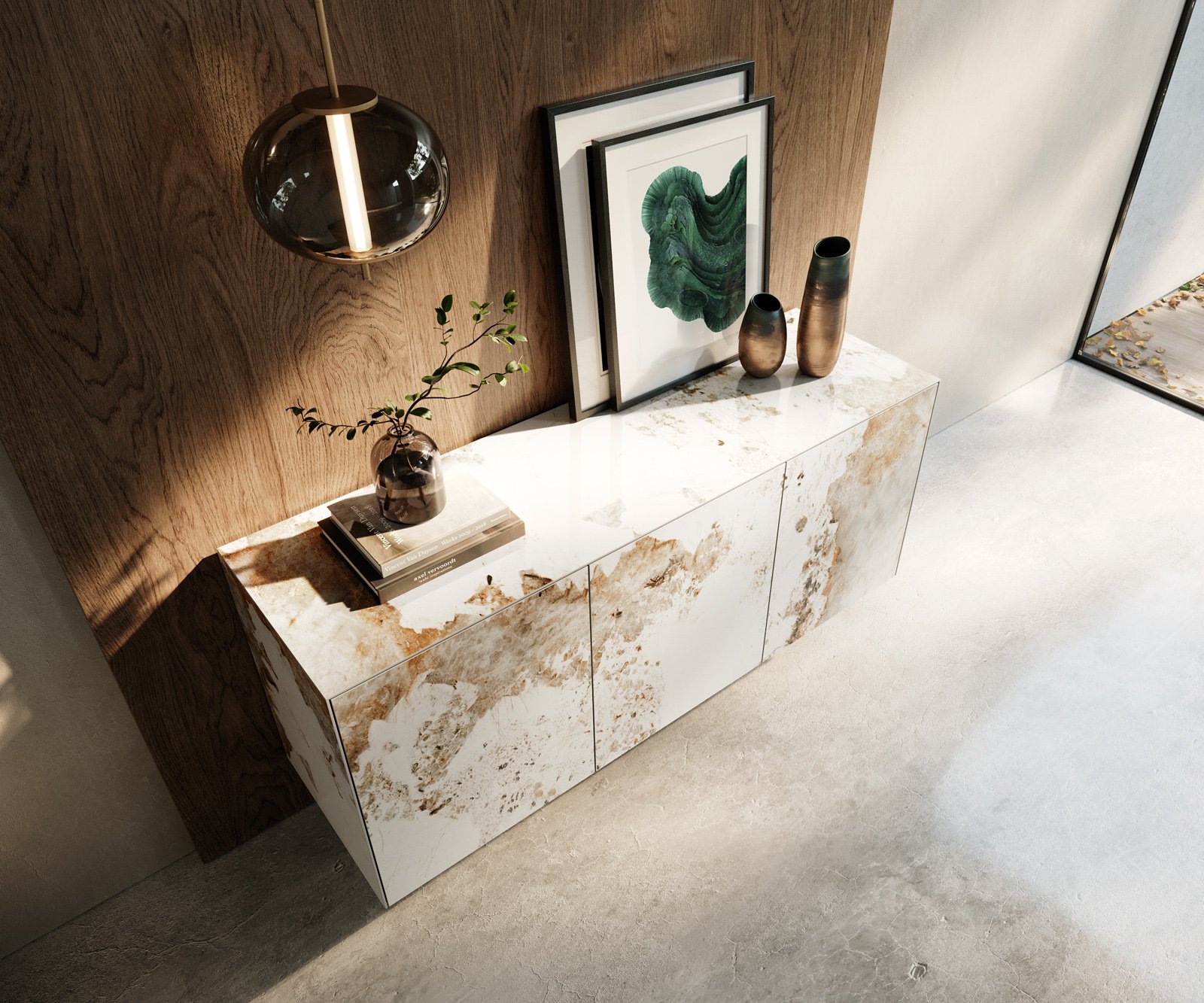 Komoda Cuor 150 cm keramika Minas Melange bielo-béžová 3 dvierka závesná - Image 4