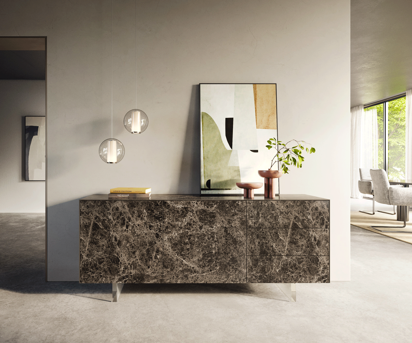 Komoda Cuor 180 cm keramika Laminam® Emperador Extra Lucidato tmavohnedá 2 dvierka 3 zásuvky podstava závesná akrylové sklo - Image 2