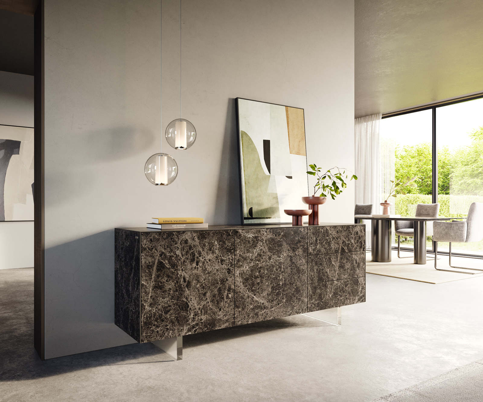 Komoda Cuor 180 cm keramika Laminam® Emperador Extra Lucidato tmavohnedá 2 dvierka 3 zásuvky podstava závesná akrylové sklo