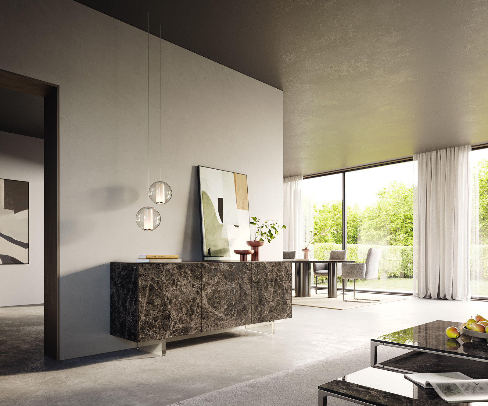 Komoda Cuor 180 cm keramika Laminam® Emperador Extra Lucidato tmavohnedá 2 dvierka 3 zásuvky podstava závesná akrylové sklo - Image 7