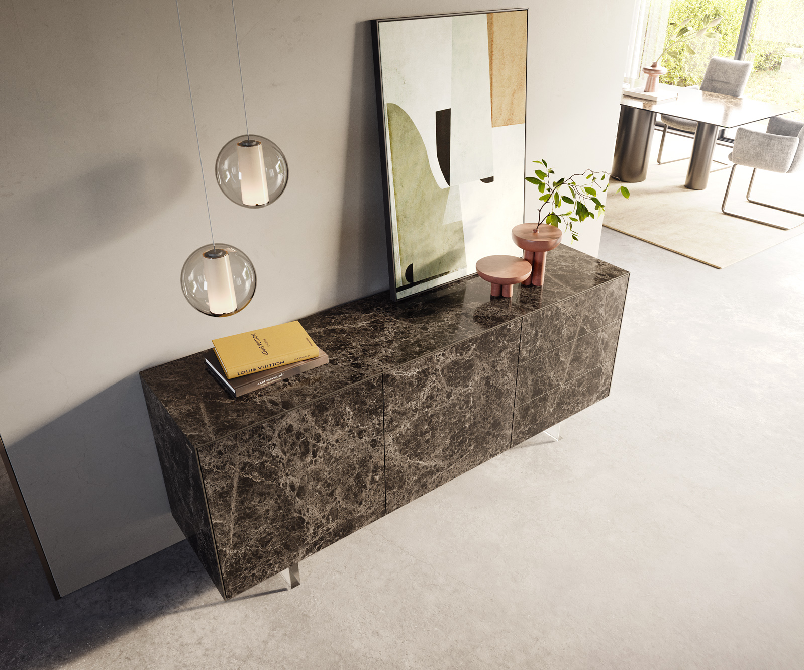 Komoda Cuor 180 cm keramika Laminam® Emperador Extra Lucidato tmavohnedá 2 dvierka 3 zásuvky podstava závesná akrylové sklo - Image 4