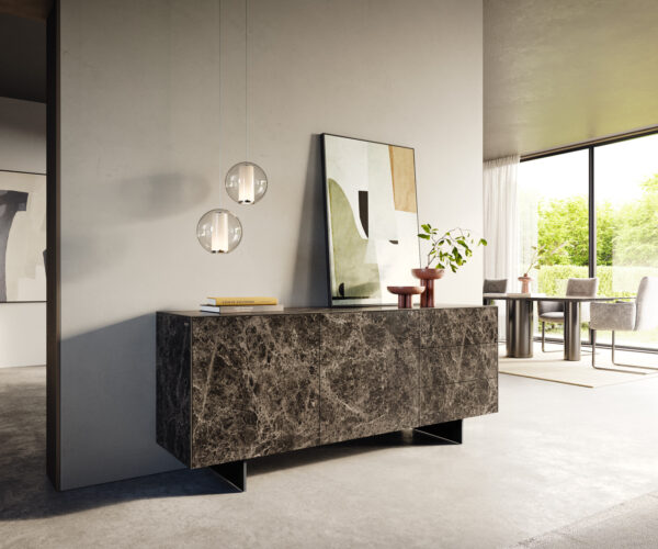 Komoda Cuor 180 cm keramika Laminam® Emperador Extra Lucidato tmavohnedá 2 dvierka 3 zásuvky podstava závesná kov čierna