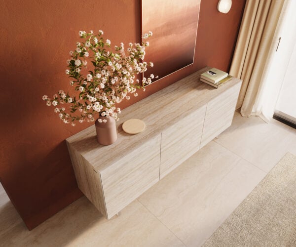 Komoda Cuor 180 cm keramika Laminam® Travertino Bianco krémovo biela 2 dvierka 3 zásuvky podstava závesná akrylové sklo - Image 4