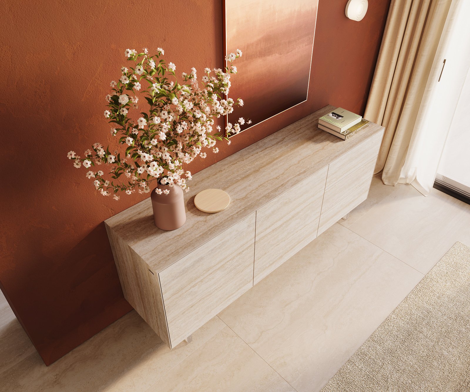Komoda Cuor 180 cm keramika Laminam® Travertino Bianco krémovo biela 2 dvierka 3 zásuvky podstava závesná akrylové sklo - Image 4