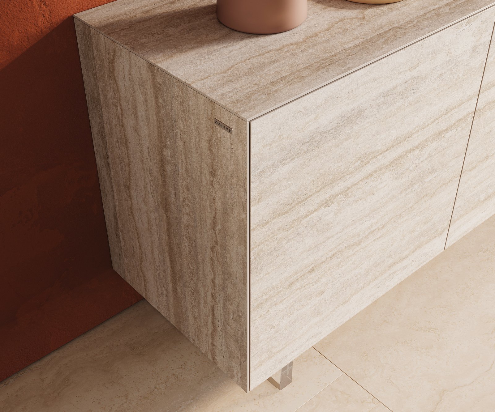 Komoda Cuor 180 cm keramika Laminam® Travertino Bianco krémovo biela 2 dvierka 3 zásuvky podstava závesná akrylové sklo - Image 6