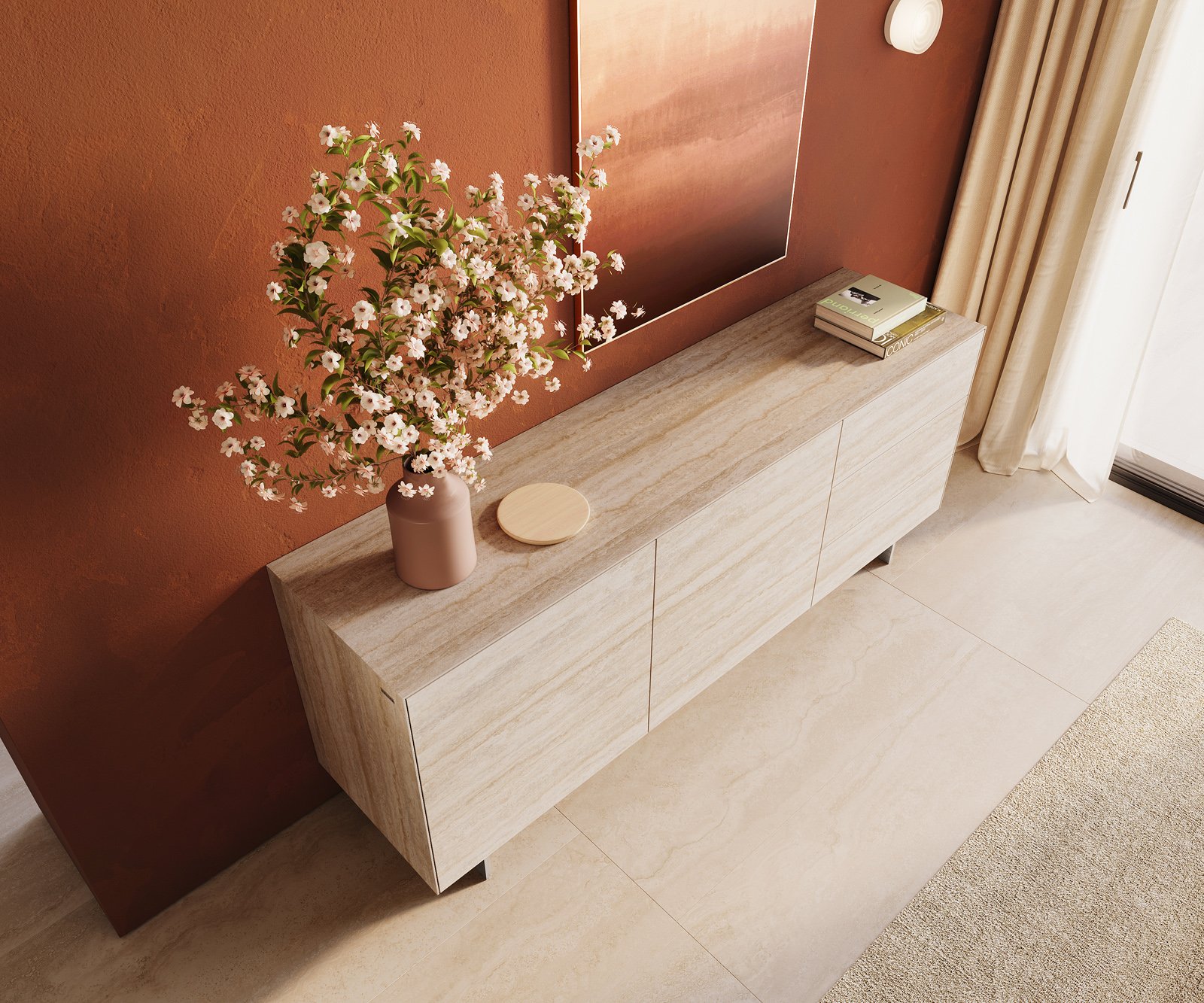 Komoda Cuor 180 cm keramika Laminam® Travertino Bianco krémovo biela 2 dvierka 3 zásuvky podstava závesná nerezová oceľ - Image 4