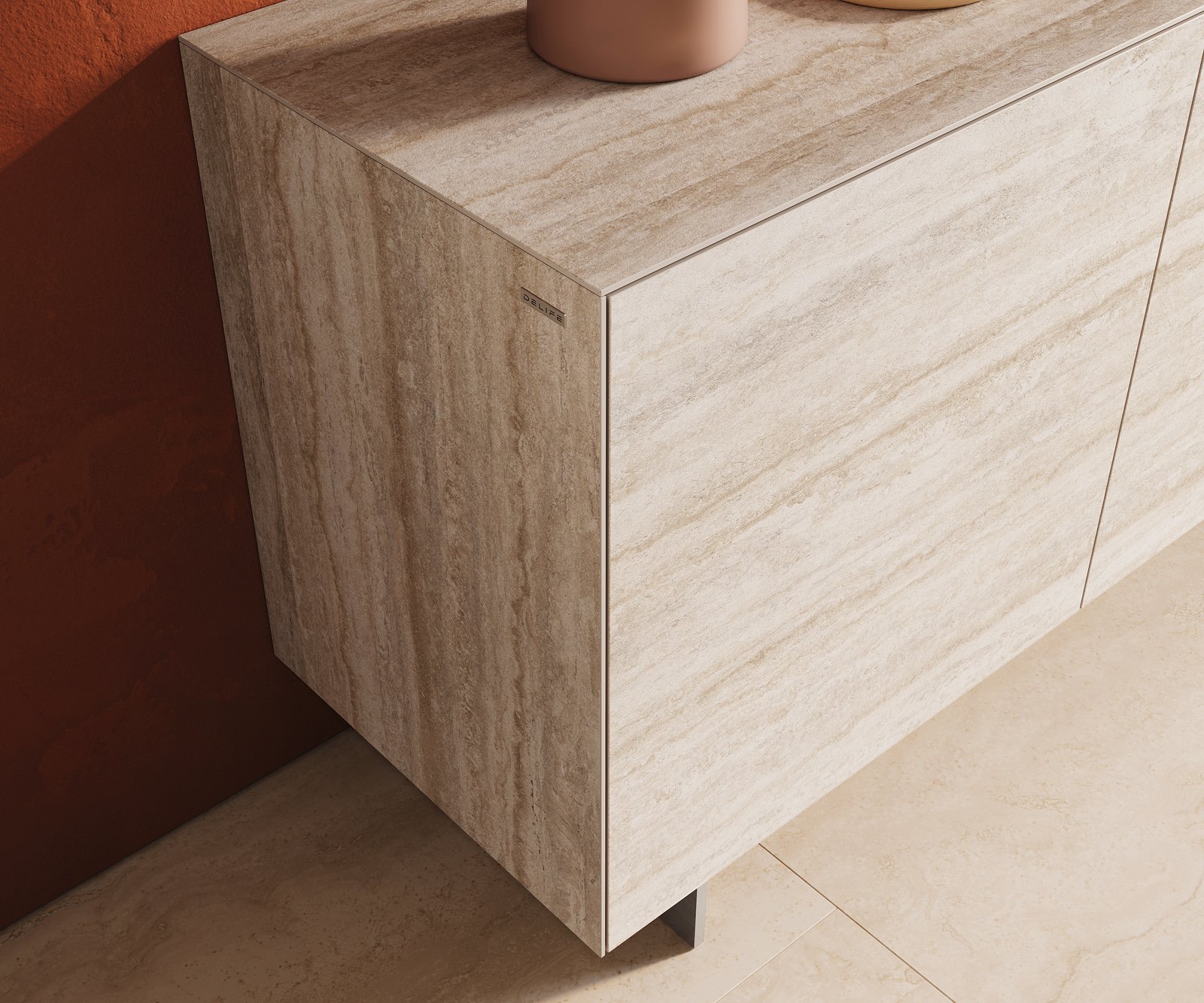 Komoda Cuor 180 cm keramika Laminam® Travertino Bianco krémovo biela 2 dvierka 3 zásuvky podstava závesná nerezová oceľ - Image 6