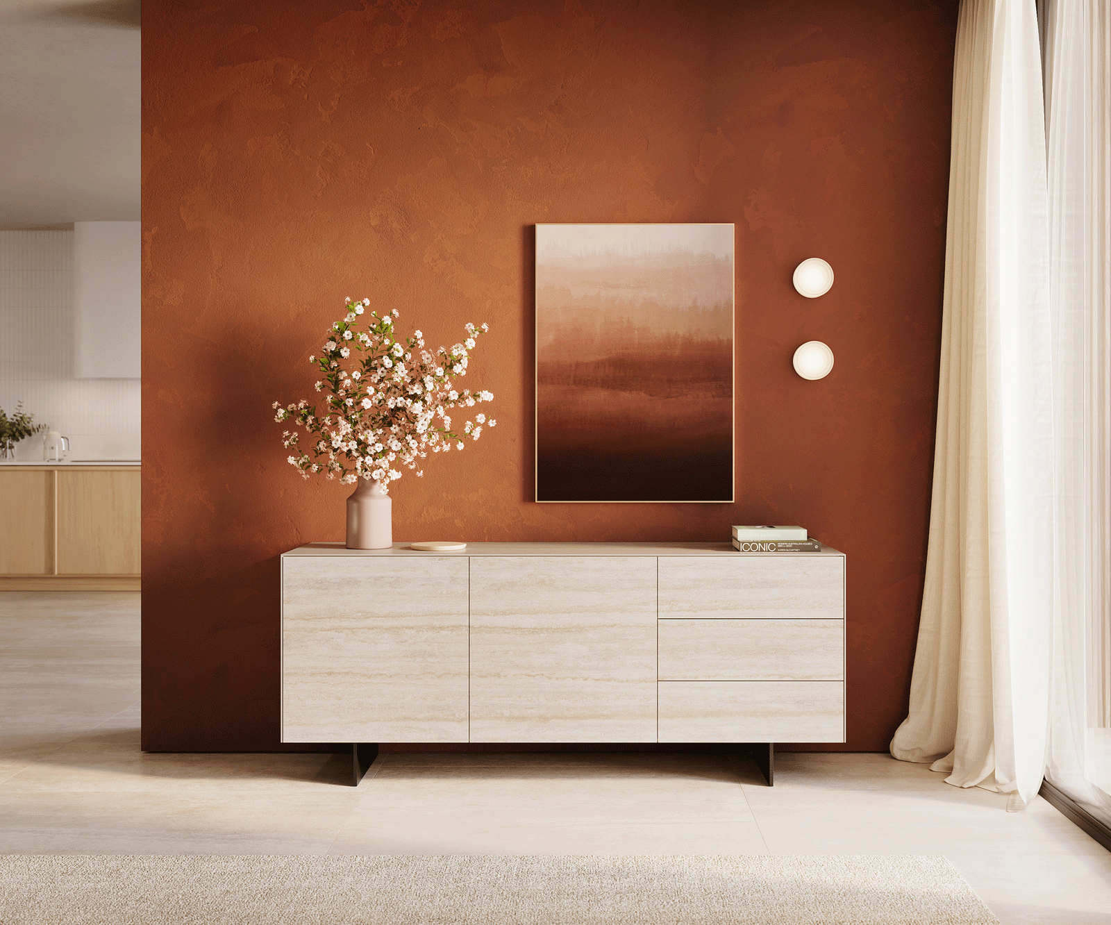 Komoda Cuor 180 cm keramika Laminam® Travertino Bianco krémovo biela 2 dvierka 3 zásuvky podstava závesná kov čierna - Image 2