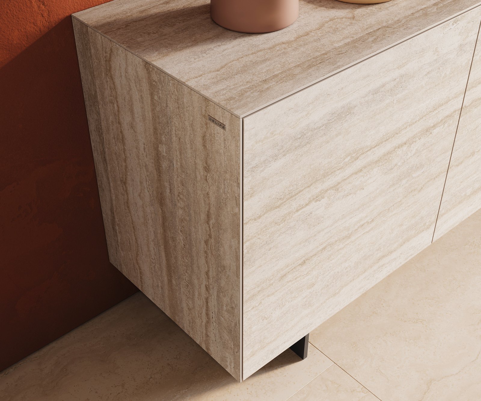 Komoda Cuor 180 cm keramika Laminam® Travertino Bianco krémovo biela 2 dvierka 3 zásuvky podstava závesná kov čierna - Image 6