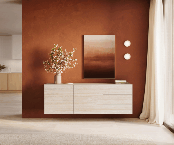 Komoda Cuor 180 cm keramika Laminam® Travertino Bianco krémovo biela 2 dvierka 3 zásuvky závesná - Image 2