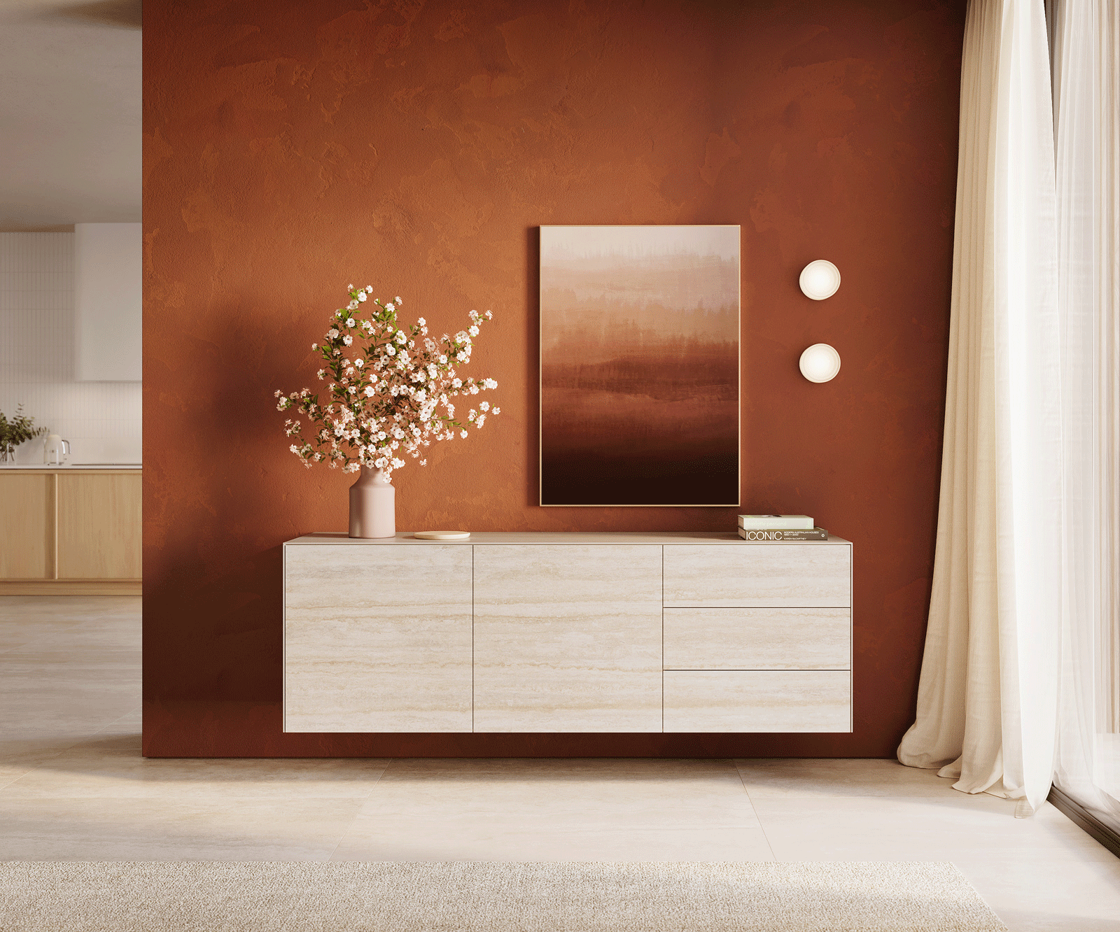 Komoda Cuor 180 cm keramika Laminam® Travertino Bianco krémovo biela 2 dvierka 3 zásuvky závesná - Image 2