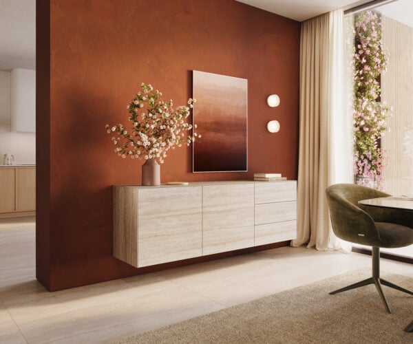 Komoda Cuor 180 cm keramika Laminam® Travertino Bianco krémovo biela 2 dvierka 3 zásuvky závesná