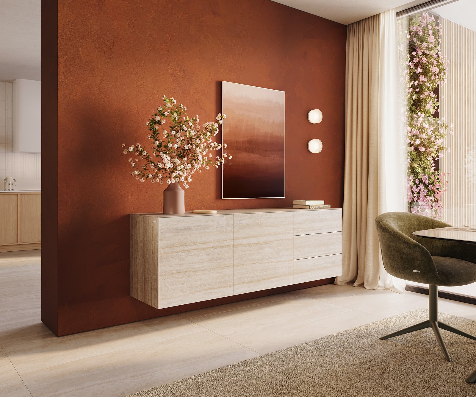 Komoda Cuor 180 cm keramika Laminam® Travertino Bianco krémovo biela 2 dvierka 3 zásuvky závesná