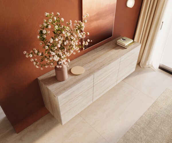 Komoda Cuor 180 cm keramika Laminam® Travertino Bianco krémovo biela 2 dvierka 3 zásuvky závesná - Image 4