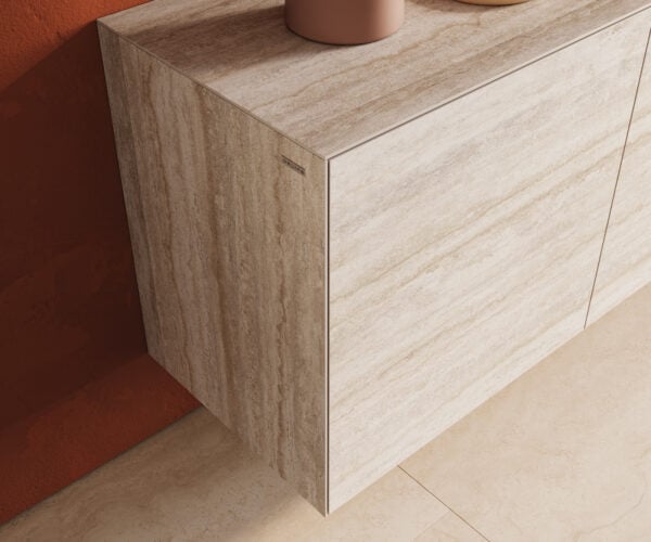 Komoda Cuor 180 cm keramika Laminam® Travertino Bianco krémovo biela 2 dvierka 3 zásuvky závesná - Image 6
