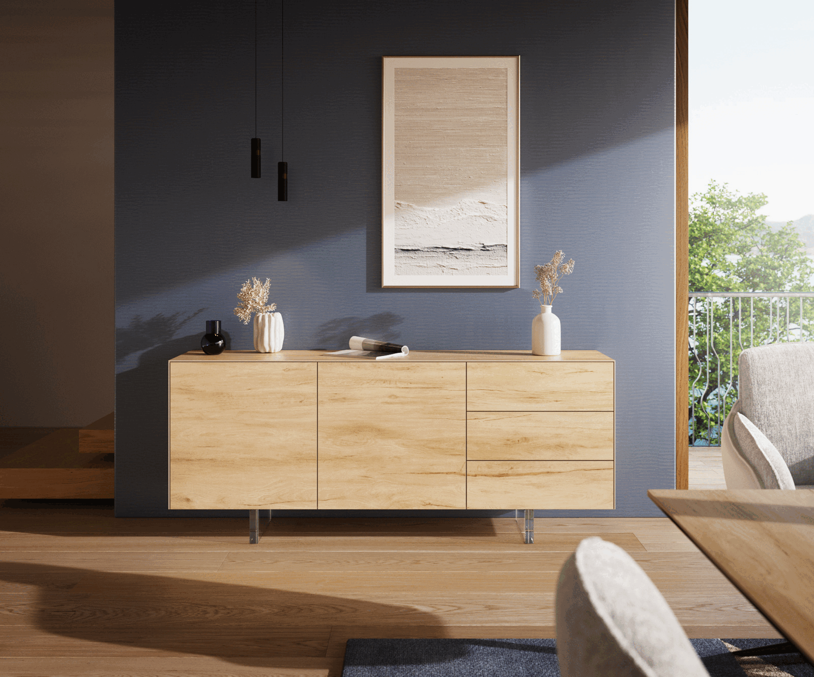 Komoda Cuor 180 cm keramika Laminam® Sabbia dubová farba 2 dvierka 3 zásuvky podstava závesná akrylové sklo - Image 2