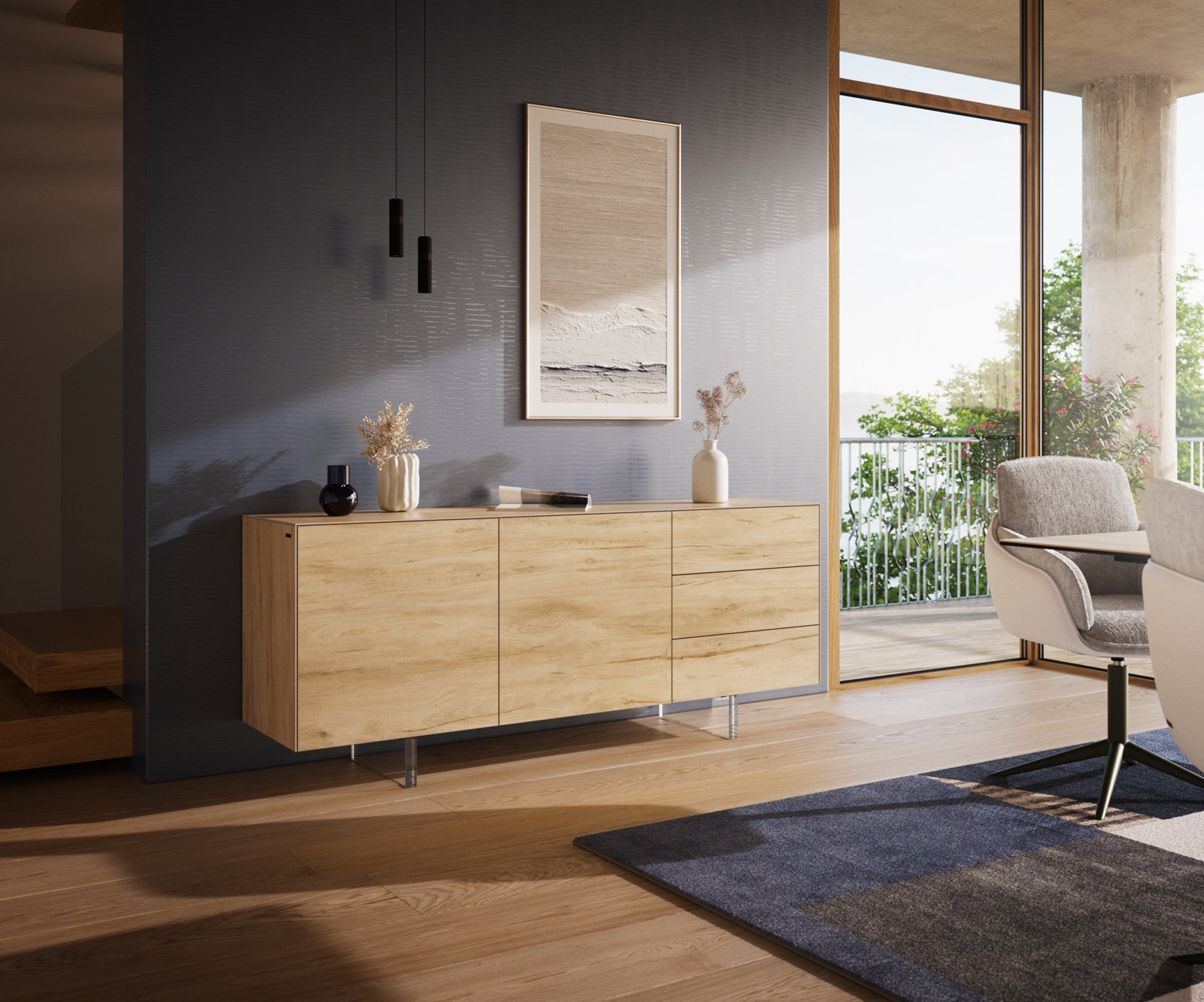 Komoda Cuor 180 cm keramika Laminam® Sabbia dubová farba 2 dvierka 3 zásuvky podstava závesná akrylové sklo