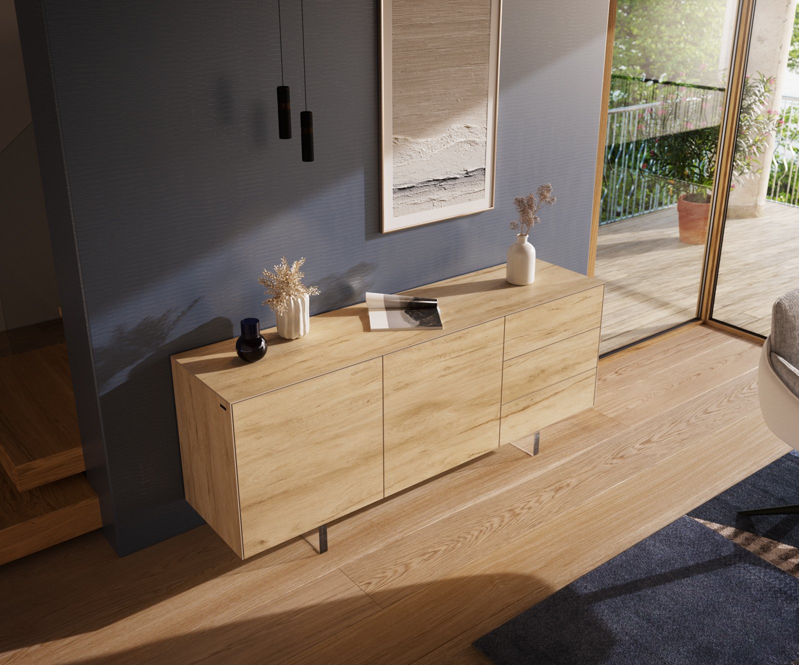 Komoda Cuor 180 cm keramika Laminam® Sabbia dubová farba 2 dvierka 3 zásuvky podstava závesná akrylové sklo - Image 4
