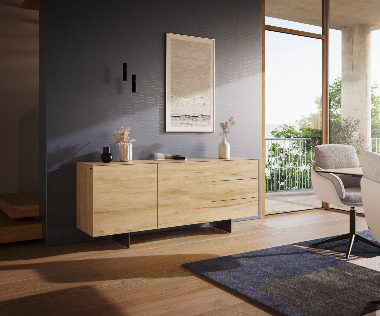 Komoda Cuor 180 cm keramika Laminam® Sabbia v dubovej farbe 2 dvierka 3 zásuvky podstava závesná nerezová oceľ