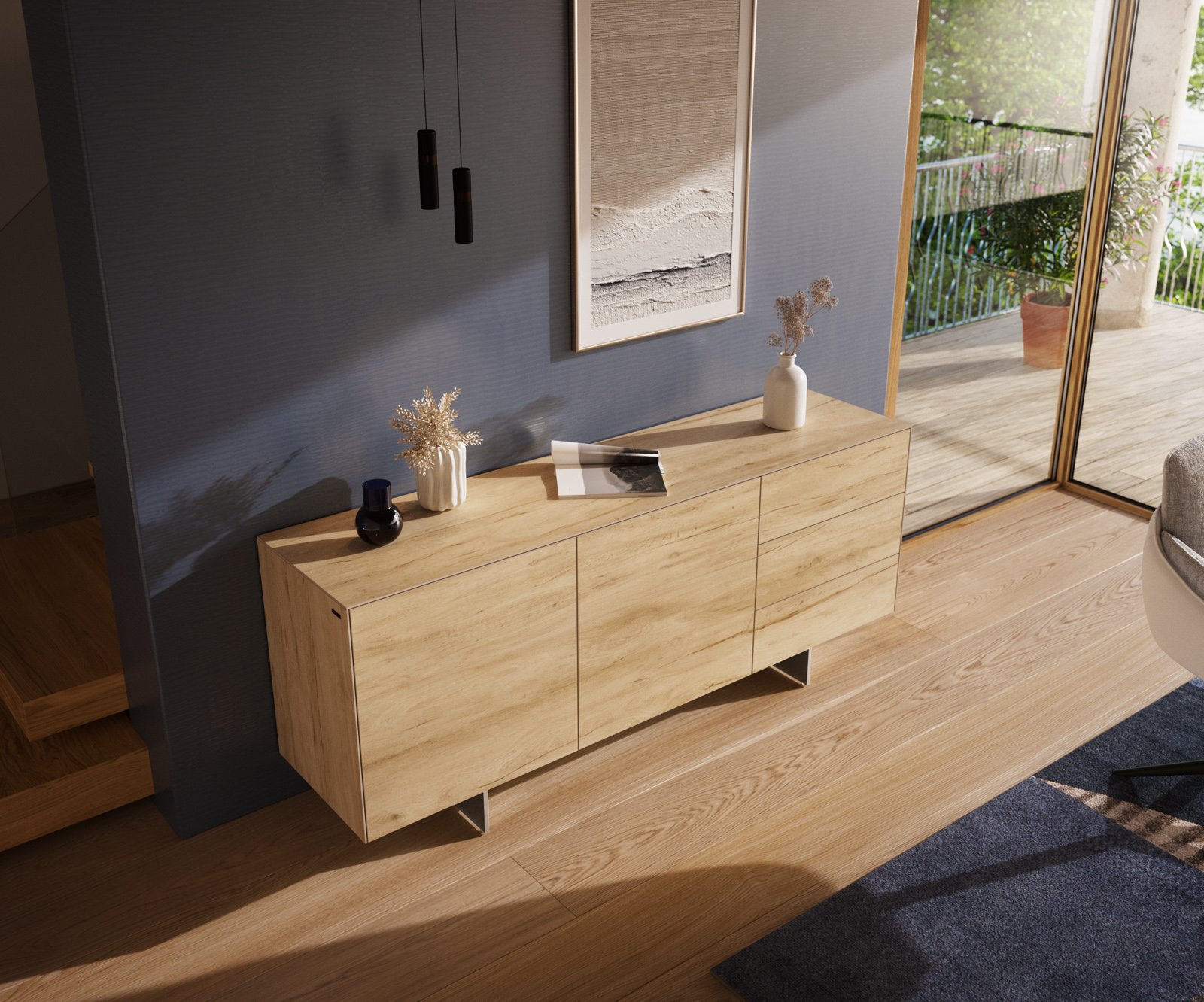 Komoda Cuor 180 cm keramika Laminam® Sabbia v dubovej farbe 2 dvierka 3 zásuvky podstava závesná nerezová oceľ - Image 4