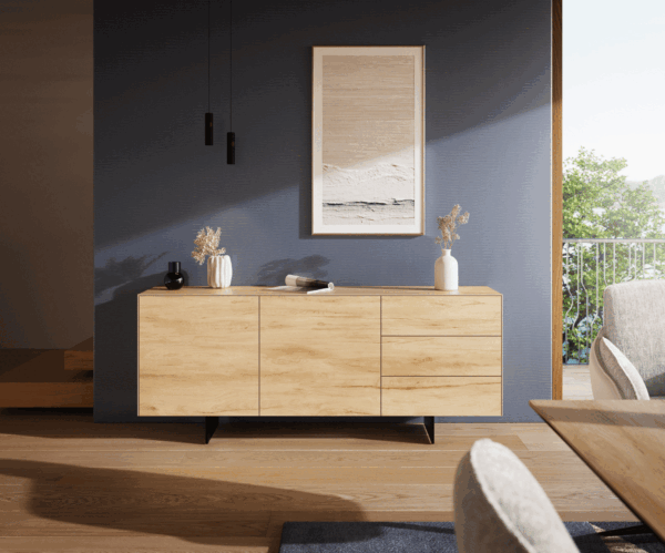 Komoda Cuor 180 cm keramika Laminam® sabbia dubová farba 2 dvierka 3 zásuvky podstava závesná kov čierna - Image 2