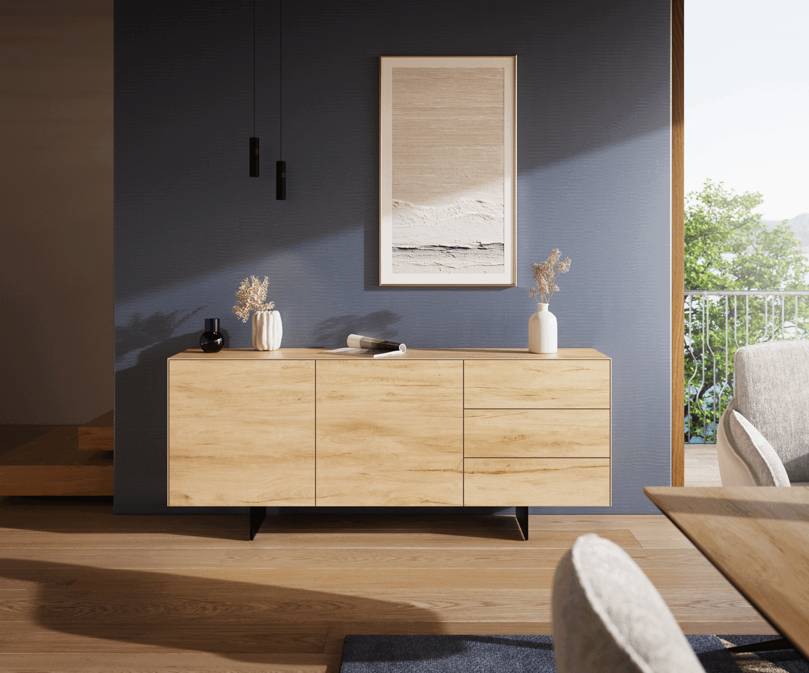 Komoda Cuor 180 cm keramika Laminam® sabbia dubová farba 2 dvierka 3 zásuvky podstava závesná kov čierna - Image 2